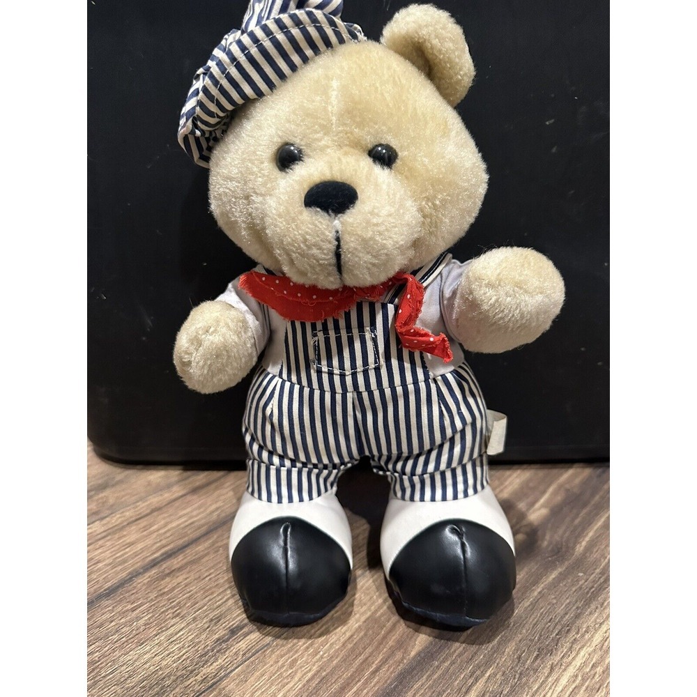 Vintage Cloud 9 Plush Bear Sailor Outfit Hat Overalls White Blue Red Stripes 10"